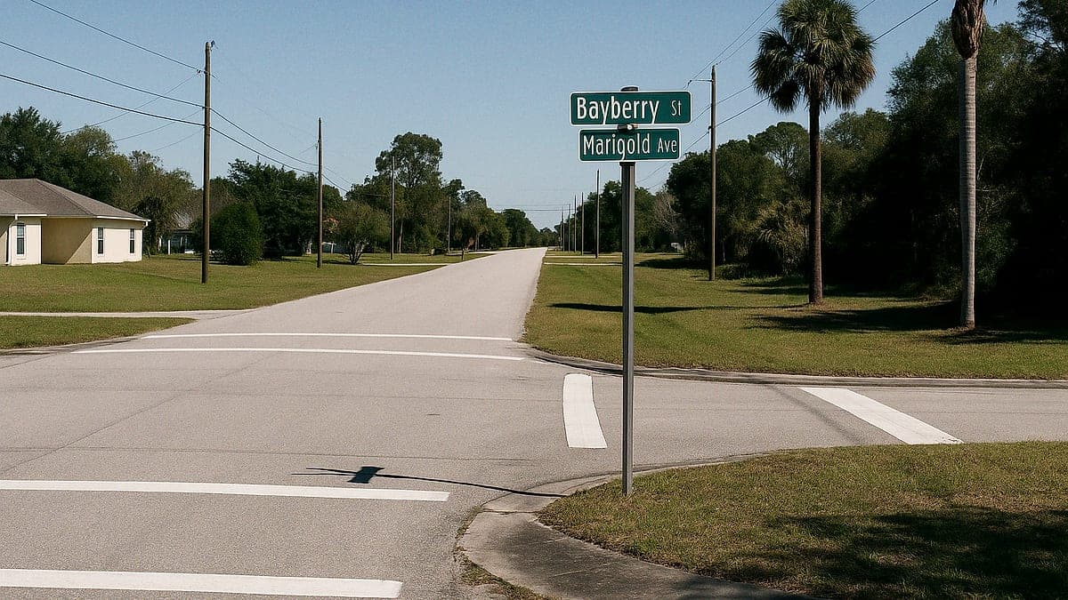 Interseção vazia entre Bayberry Street e Marigold Avenue em Poinciana, vista durante o dia com céu claro