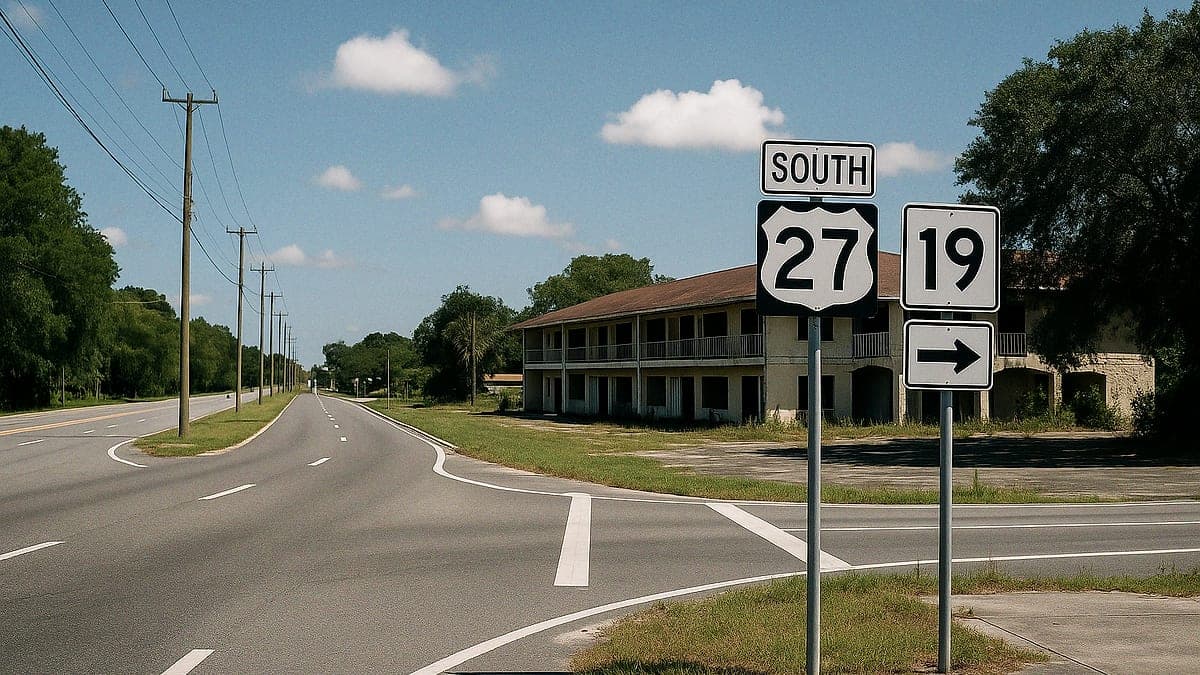 Interseção da rodovia U.S. 27 com a State Road 19 próximo a um hotel abandonado, sob céu azul com nuvens, mostrando sinalização e postes de utilidade pública