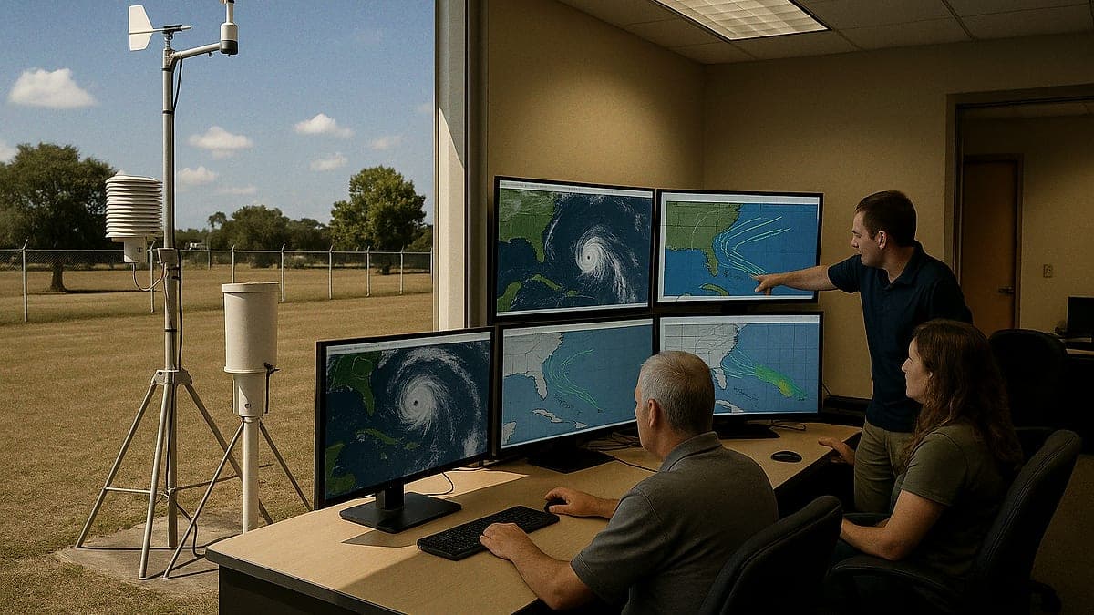 Interior de uma sala de previsão do tempo com meteorologistas analisando modelos e mapas de furacão no Atlântico