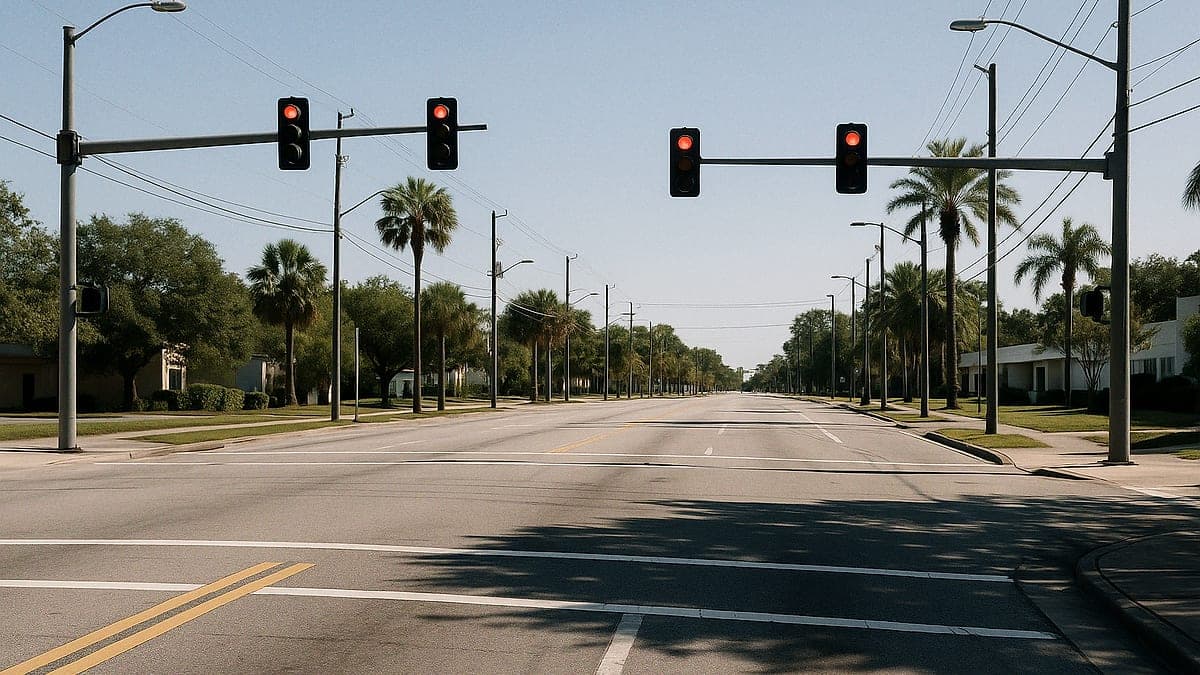 Cruzamento vazio em Orlando com semáforos e calçadas sob sol claro