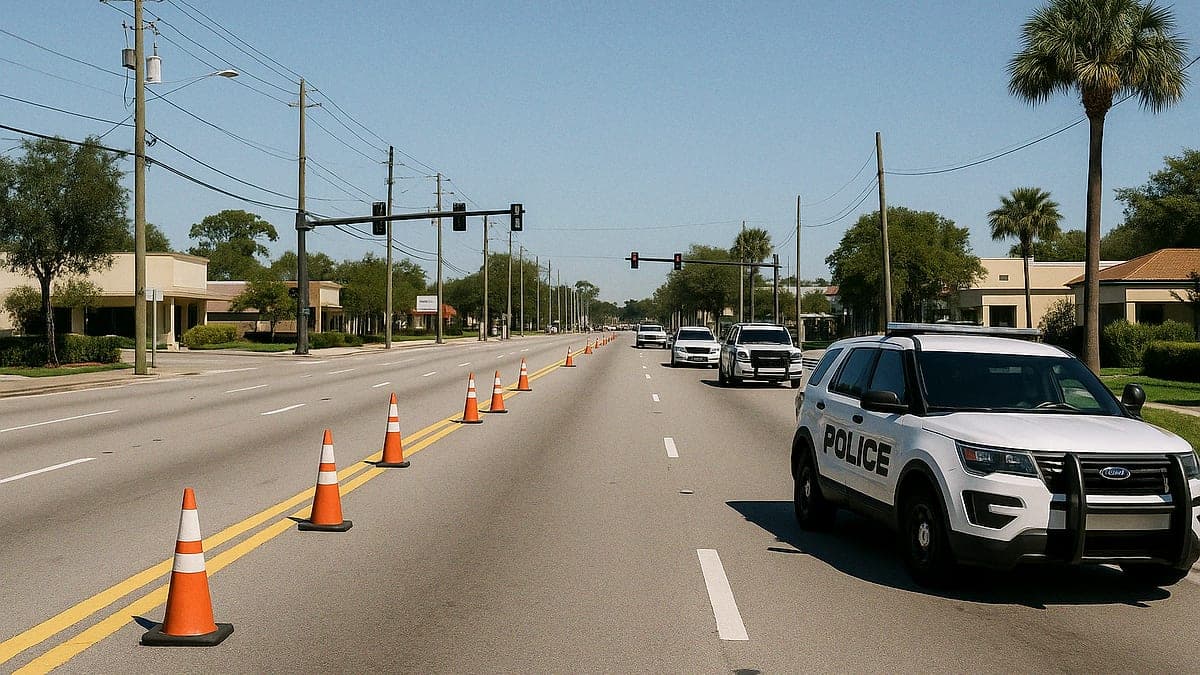 Trecho da avenida Orlando Avenue, US 17-92 em Winter Park, com faixas de trânsito fechadas e veículos policiais estacionados ao lado da via