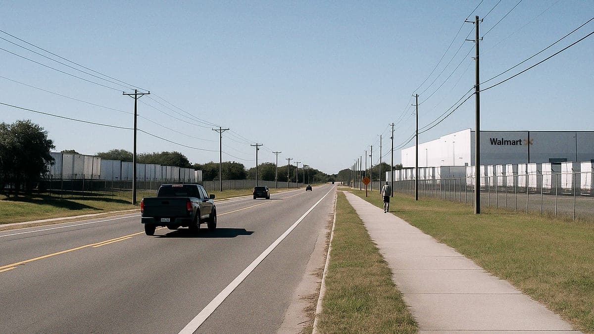 foto da Lucerne Park Road em Winter Haven, mostrando a via com o centro de distribuição da Walmart ao lado, em dia claro