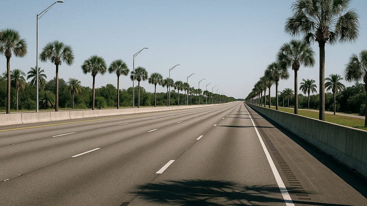 trecho da Florida's Turnpike próximo a Wildwood, com pista sul vazia e palmeiras nas laterais sob céu claro