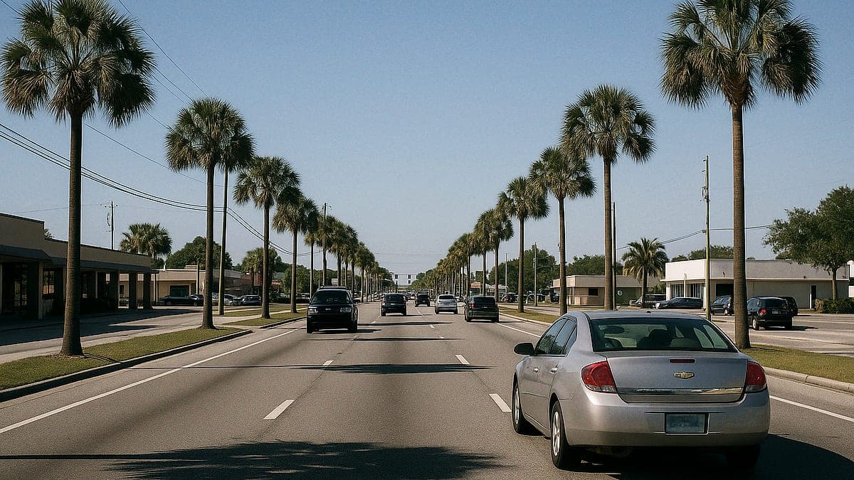 Foto da West Colonial Drive em Orlando, com palmeiras, prédios baixos, céu azul e alguns carros na via