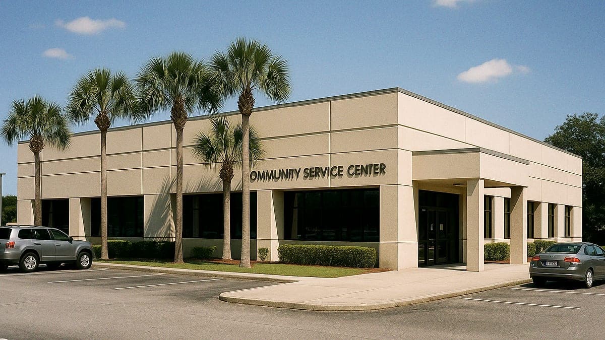 Fachada de um centro de serviço comunitário em Orlando com céu claro, estacionamento e palmeiras ao redor