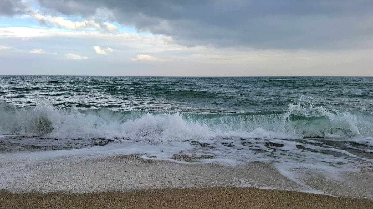 ondas médias quebrando em praia de areia sob céu nublado e chumbo, mostrando mar agitado