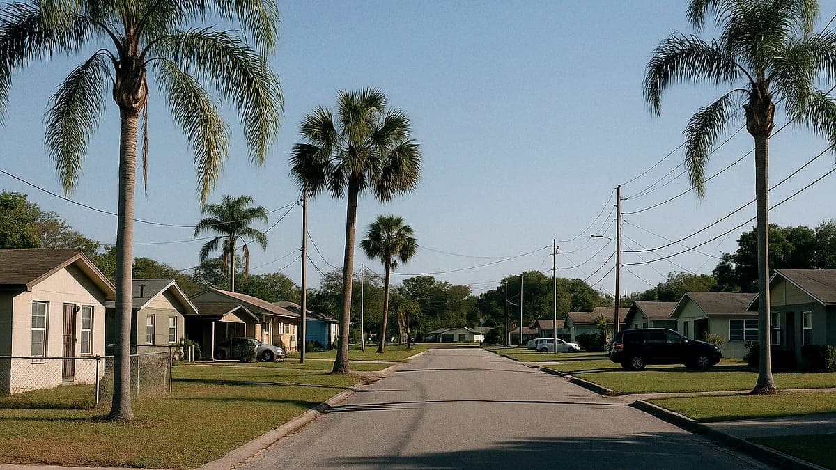 Rua residencial em South Apopka com casas de um andar, palmeiras e céu azul, vista ao final da tarde