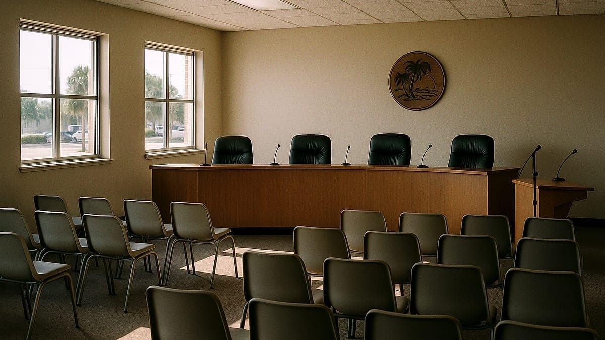 Sala de reuniões da comissão municipal de Daytona Beach, com cadeiras e microfones, sem pessoas