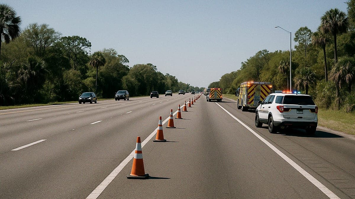 Trecho da estrada com cones de trânsito e veículos de emergência bloqueando uma faixa, com vegetação subtropical ao redor sob céu azul claro
