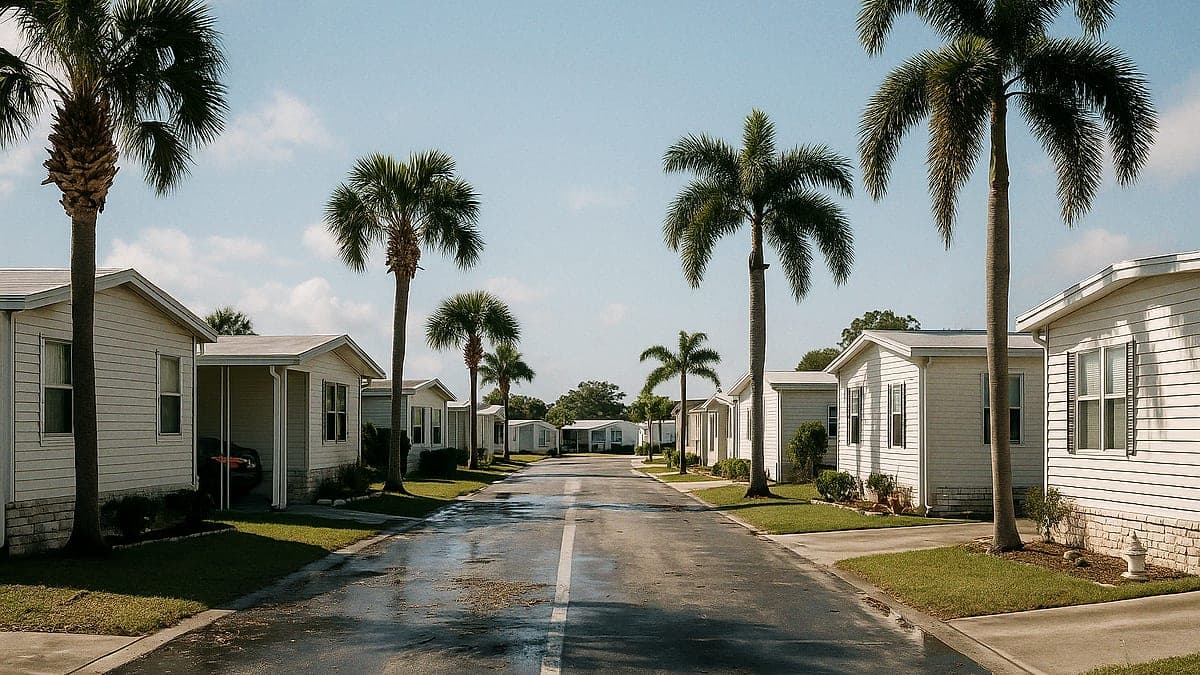 Rua residencial com casas pré-fabricadas e palmeiras em Barefoot Bay em um dia ensolarado, sem pessoas visíveis