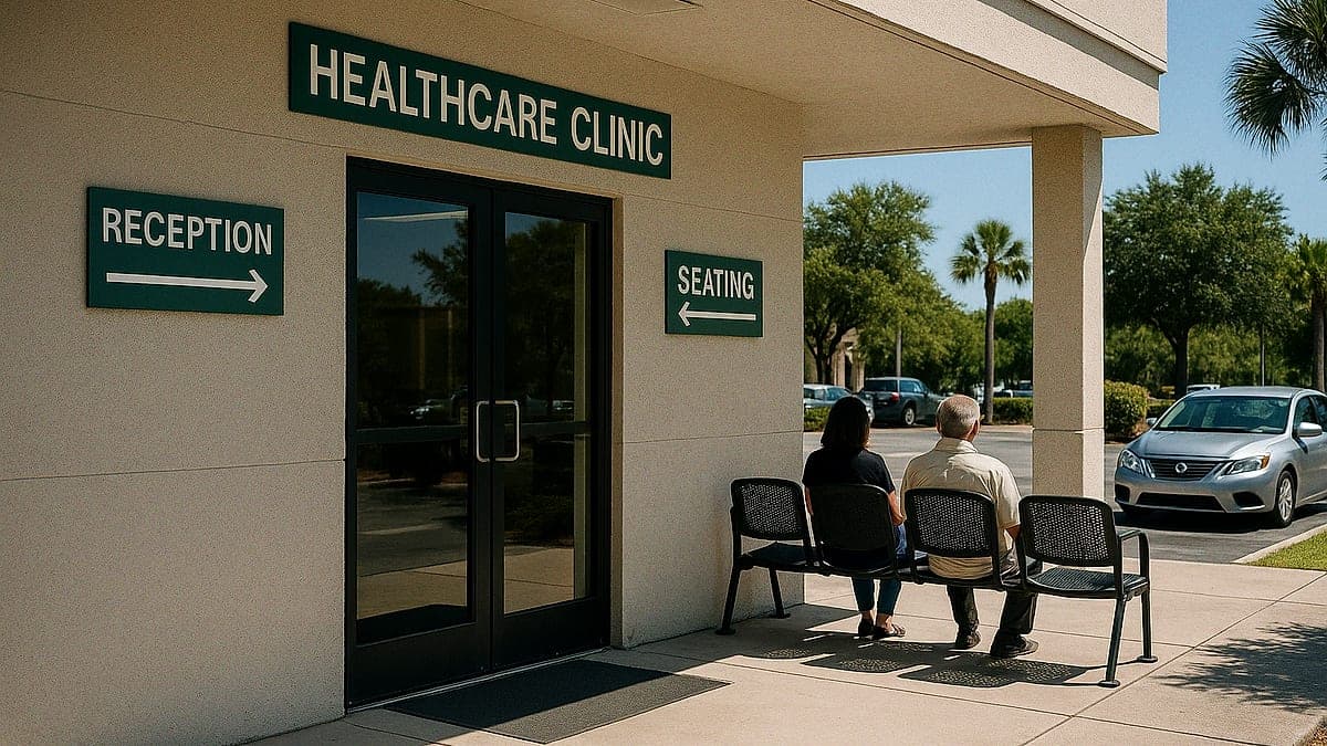 Recepção de uma clínica de saúde com placas de sinalização e cadeiras, ambiente típico de consultório médico nos Estados Unidos com luz solar