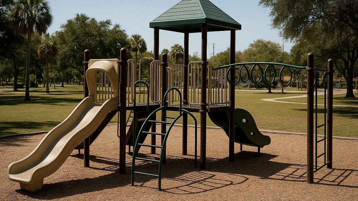Equipamentos de playground vazios em um parque da cidade, com céu claro e luz do sol