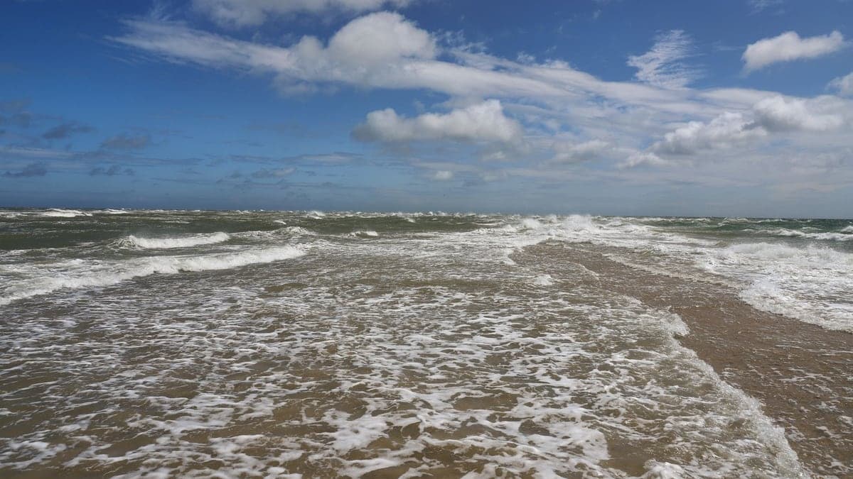 Praia com céu azul e algumas nuvens brancas, ondas sobre a areia e mar com leve ondulação