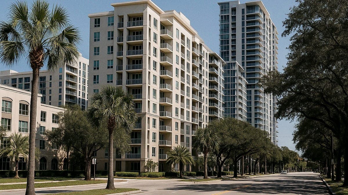 Vista urbana do centro de Orlando com prédios residenciais modernos, céu claro e vegetação típica subtropical, como palmeiras sabal e carvalhos